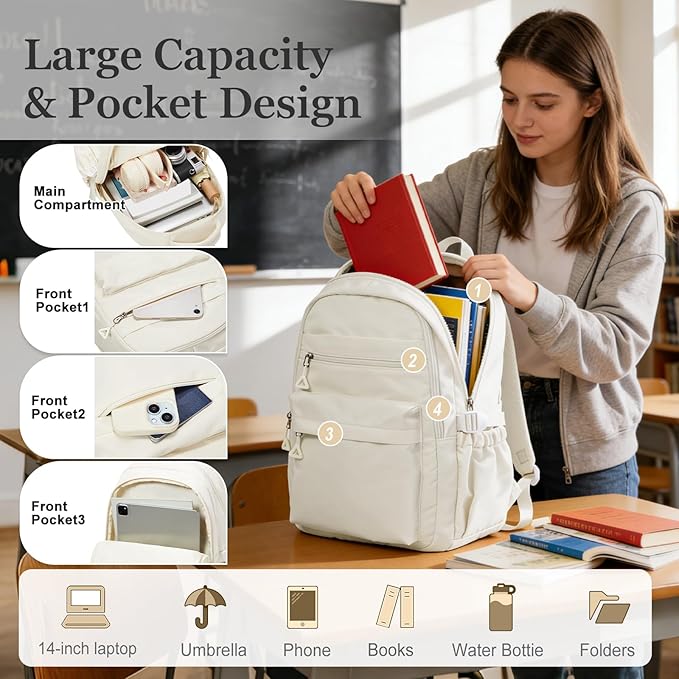 Backpack for College Students Women Men, Aesthetic Backpacks for Middle School, Waterproof Bookbag, Lightweight High School Backpack for Teens Boys Girls(Beige)