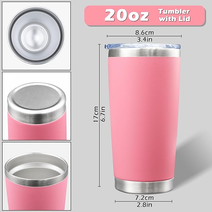 AIANJI 20oz Tumbler Bulk Stainless Steel Tumblers with Lid Vacuum Insulated Double Wall Travel Coffee Mug Powder Coated Tumbler Cup for Hot and Cold Drinks(Pink, 1 pack)