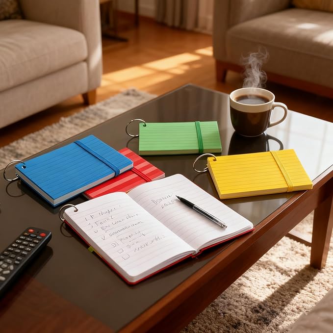 200 Count Colored Index Cards, 3x5 Inch with Key Ring, Portable Note Taking Study Note Cards for Office Home