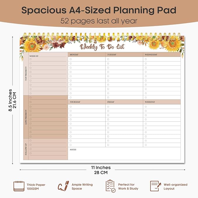 Taja Weekly To Do List Notepad with 52 Undated Sheets（8.5"×11"）- Weekly Desk Planner for Women & Man, Work and Home - 1 Pack Golden Sunflower