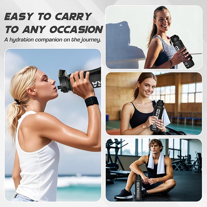 Water Bottle, 32 oz Sports Water Bottles with Time Marker Wide Mouth, Motivational and Leakproof Drink Bottle, BPA Free Tritan with Carry Strap for Gym Fitness Outdoor(1 Bottle)
