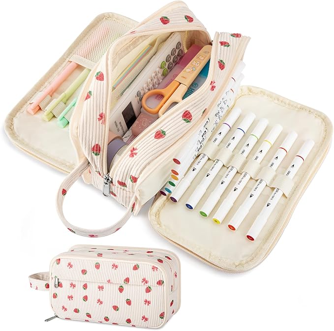 Cute Corduroy Pencil Case with Handle, Extra Large 4 Compartment Multiple Pockets Aesthetic Pencil Pouch Organizer for Teen Girls, School & College Supplies (Beige Strawberry Bow)