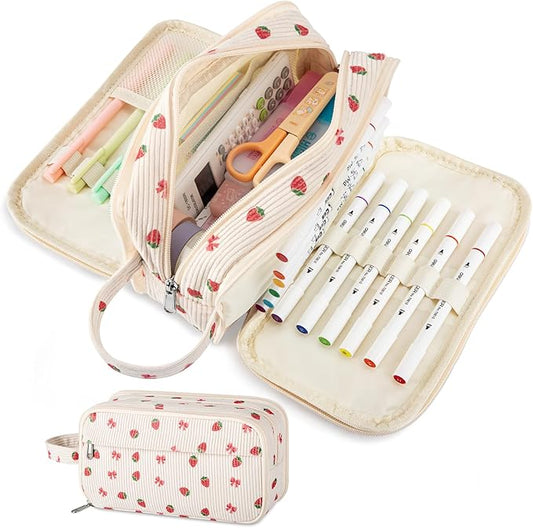 Cute Corduroy Pencil Case with Handle, Extra Large 4 Compartment Multiple Pockets Aesthetic Pencil Pouch Organizer for Teen Girls, School & College Supplies (Beige Strawberry Bow)
