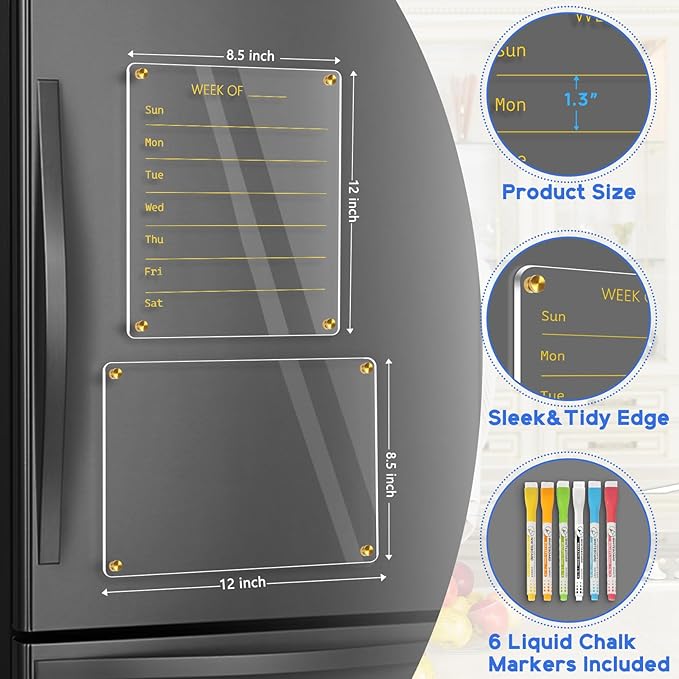 WALGLASS Acrylic Calendar for Fridge, 8.5"x11" Gold Weekly Clear Acrylic Magnetic Dry Erase Board for Refrigerator, Set of 2 Stronger-Magnetic Reusable Fridge Planner, Includes 8 Liquid Chalk Markers
