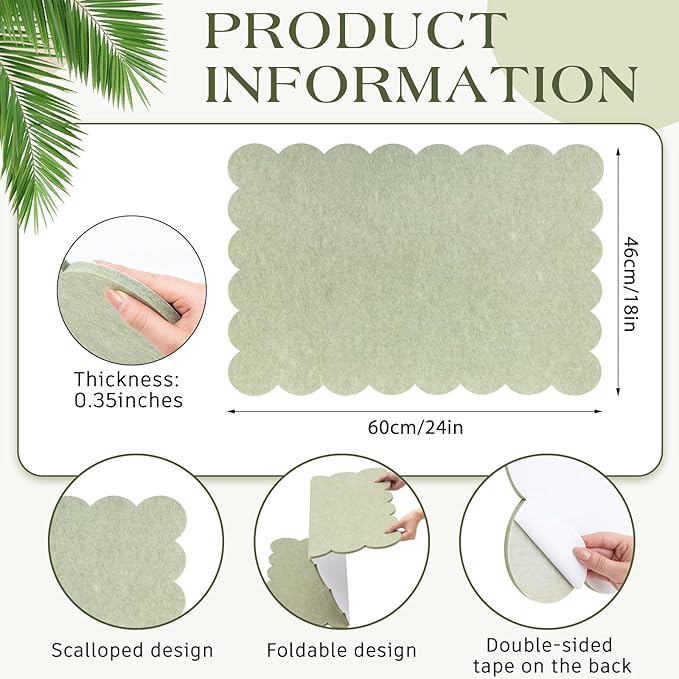 Mooliwe Scalloped Felt Bulletin Board Foldable Pin Cork Board Alternative for Wall Foldable Picture Vision Self Adhesive Bulletin Decorative (Sage Green,24 * 18 Inch)