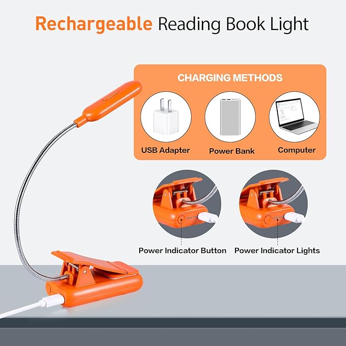 VAVOFO Rechargeable Book Light, Blue Light Blocking, Amber 1600K Clip On Reading Light, Eye Care 7 LEDs Kids Book Light for Reading in Bed with Power Indicator for Bookworms (Neon Orange)
