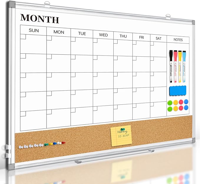 Dry Erase Calendar Whiteboard for Wall, 30"x20" Magnetic Monthly White Board Cork Board Combo, Double Sided, Aluminum Frame, Wall Hanging Wipe Board for Home, Office, School, Dorm
