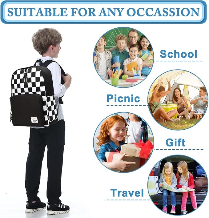 VASCHY School Backpack, Lightweight Travel Backpack for Men Women Schoolbag Bookbag for Kids Teen Boys Girls Black White Plaid Checker