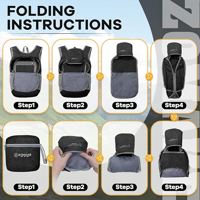 ZOMAKE 10L Ultra Lightweight Packable Backpack, Small Daypack Light Foldable Backpacks Water Resistant Day Bag for Hiking(Black) | Water Resistant Collapsible Backpacks for Women Men, Everyday Carry, Multi Compartment Storage, Adjustable Strap(Black A1)