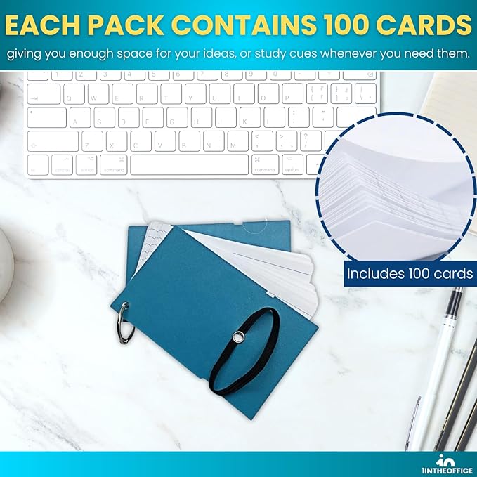 1InTheOffice Index Cards with Ring 3x5, Flash Cards with Binder Ring, Single Hole Punched Notecards, White, 100 Cards