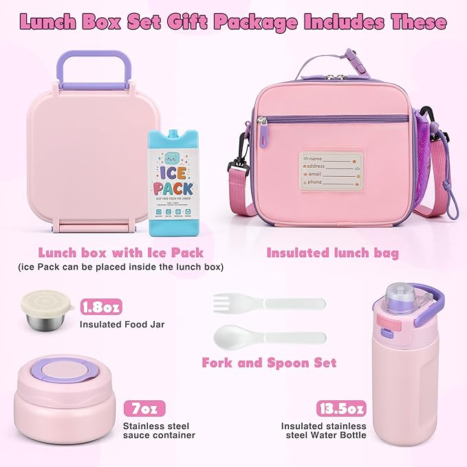Bento Lunch Box for Kids with 7oz Soup Thermo,Insulated Stainless Steel Kids Water Bottle with Straw and Insulated Lunch Bag,Leak-Proof Lunch Food Container with Ice Pack for School (Pink)