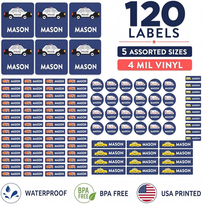Andaz Press Custom Personalized Waterproof School Name Labels, Fire Truck Police Car School Bus, 120-Pack, Kids Labels Combo Pack, Customizable Multi-Use Name Stickers for Preschool, Daycare, Supplies