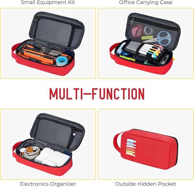 ECHSRT Large Capacity Pencil Case with Hidden Pocket, 1200D Oxford Fabric Zipper Pencil Pouch with Handle, Multi-Pocket Stationery Organizer for Office, College, Travel and Daily Carry - Red