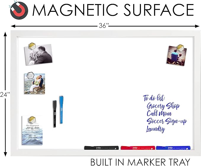 Loddie Doddie Magnetic Dry Erase Board - 24 x 36 in, White Frame - Wall-Mount Whiteboard for Office & Home - Stain-Resistant Magnetic Whiteboard for Wall - Built-in Tray on Marker Board