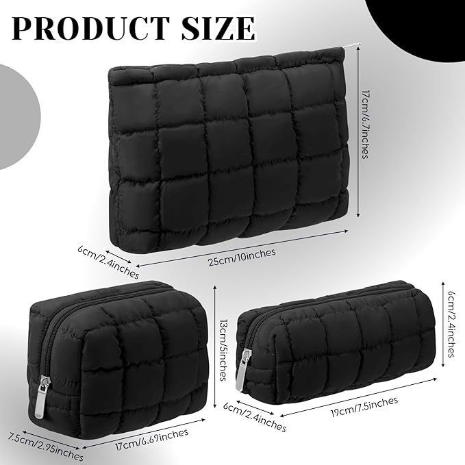 Huhumy 3 Pcs Puffy Makeup Bag Quilted Cosmetic Pouch for Women Cute Checkered Travel Toiletry Bag Puffer Makeup Organizer Purse Pouch Preppy Pencil Case with Zipper(Black)