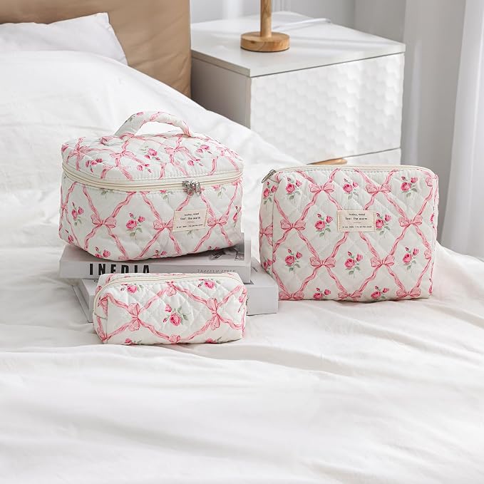 uekeboag Large Travel Quilted Makeup Bag for Women | Soft Floral Cotton Cosmetic Bag, Foldable Coquette Aesthetic Toiletry Organizer