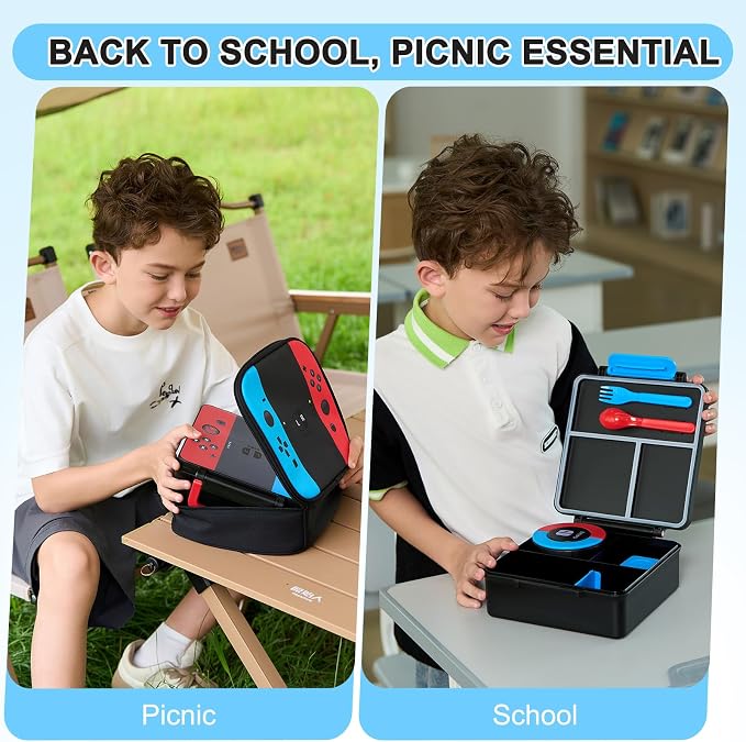Gamer Bento Lunch Box for Kids, 60 OZ Kids Lunch Box with 8 OZ Leakproof Stainless Steel Insulated Food Jar, 3-4 Compartments Bento Box for School, Includes Sauce Cup & Divider (Blue-Red-A2)