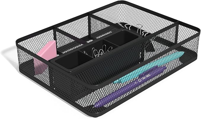 TRU RED Mesh Drawer Organizer, 7‑Compartment, Matte Black, 2‑Pack – Desk & Drawer Storage for Office Supplies