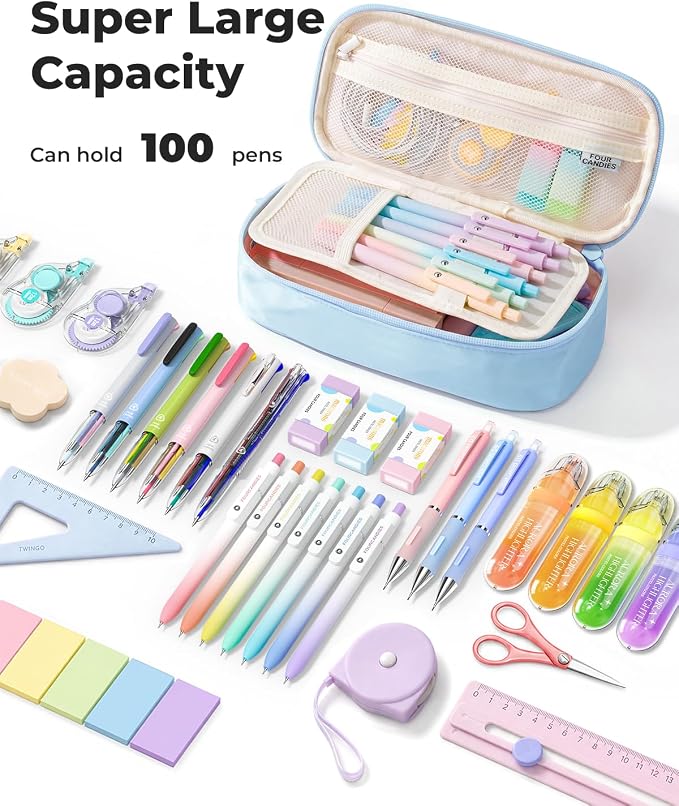 Four Candies Large Pencil Case, 5 Compartments Canvas Pen Organizer | Big Capacity Pencil Pouch Bag for School Supplies, Portable Stationery Holder for Teen Girls Boy Men Women