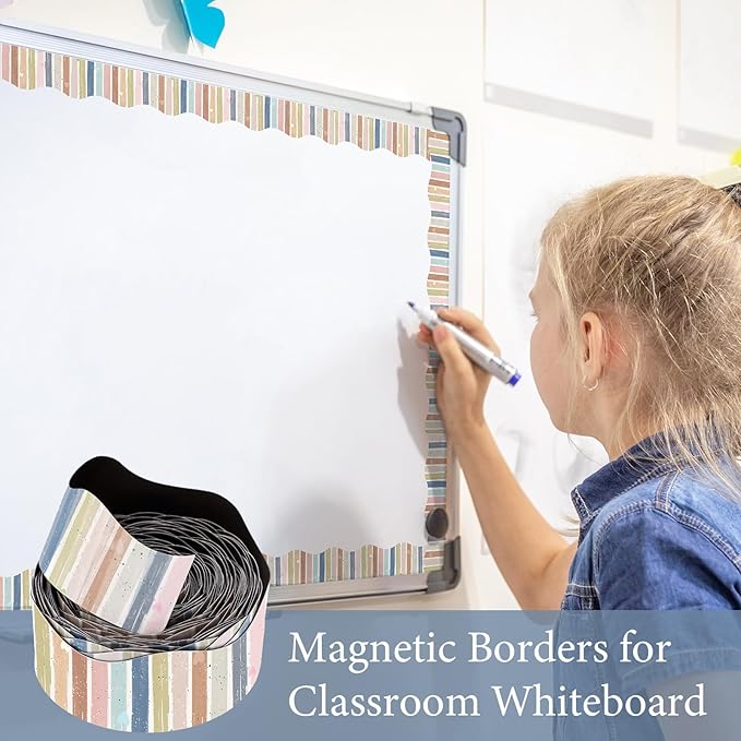 Tellegloww 36 ft Scalloped Magnetic Border Magnetic Border for Whiteboard Bulletin Board Borders Reusable Rolled Borders Trim for Office Chalkboard(Boho Stripes)