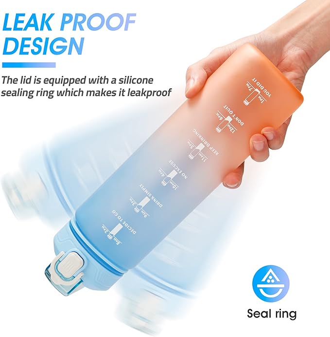 YC Kitchen Motivational Water Bottle with Time Marker- 32oz Water Bottles with Times to Drink, Leakproof & BPA Free Sports Water Bottle with Straw & Carry Strap for Fitness, Gym, and Outdoor Sports