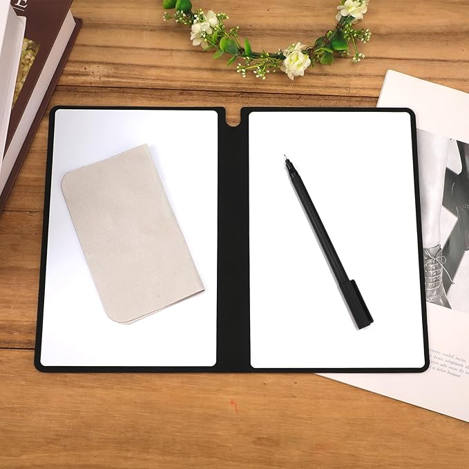 Portable Dry Erase Notebook, Reusable A5 Small Whiteboard with Marker Cleaning Cloth Double-Sided Dry Erase Writing Board for Office School Home Business (Black)