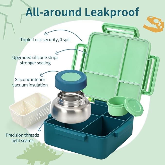 Bento Box for Kids with Thermos, [Large Capacity] Insulated Kids Lunch Box with 4 Compartment for Ages 3+, Drop-Proof & Dishwasher Safe Lunchbox Container Green