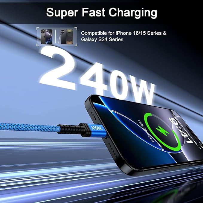 10 FT Long USB C Cable Fast Charging for iPhone 17 Air 17 Pro 17 Pro Max 17 16 Plus 16 Pro 16 Pro Max 16E 15 Pro 15 Plus 15 Pro Max,240w USBC to USBC Cord iPhone 17 Pro Cord Android Phone Woven Cable