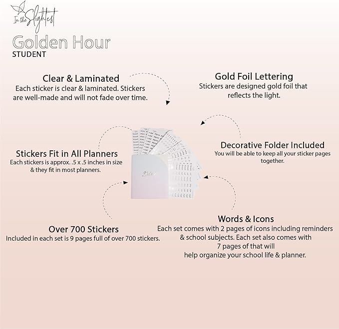 Student Planner Stickers - Clear Gold Foil - School - Study - Icons - Tests - Homework - Over 600 Stickers - Folder Included - Minimal - Golden Hour