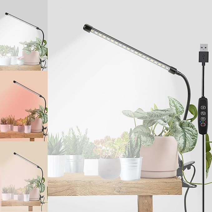 LED Grow Lights for Indoor Plants,6000K Clip Plant Light with White Red LED | Grow Light Strips for Seed Starting,9 Dimmable Levels,3 Lighting Mode,Auto ON Off with 3/9/12H Timer,Full Spectrum Plant Lamp