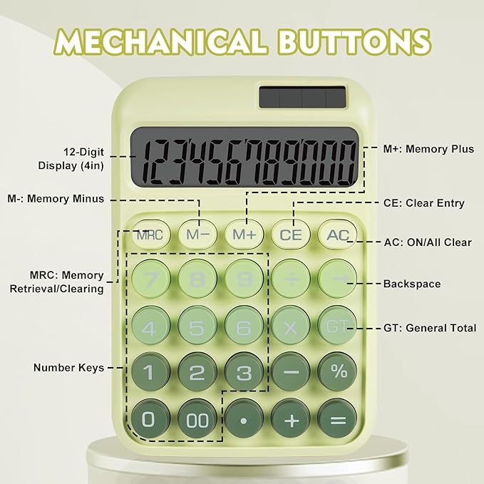 Mechanical Switch Calculator with Big Buttons, Calculators Desktop, 12 Digits, Solar Battery Power, Desk Calculator, Large LCD Display,Cute Green Calculators for Teachers Students Basic Office