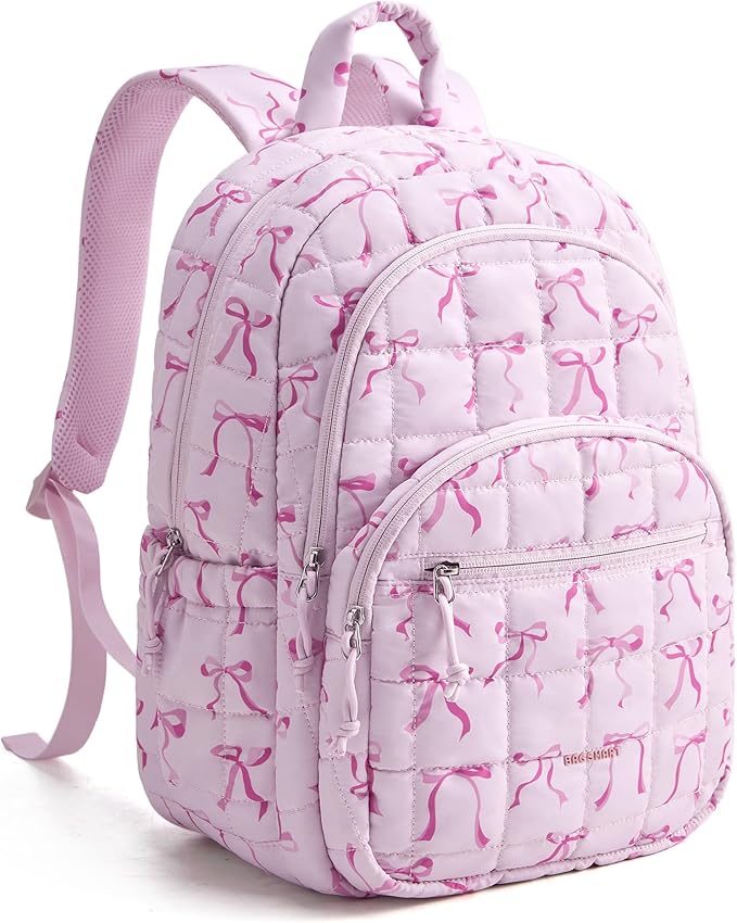 BAGSMART College Laptop Backpack, Travel Backpack for Women, Quilted Casual Daypack, Water-Resistant Bookbag for 15.6 Inch Laptop, Pink Bow Print