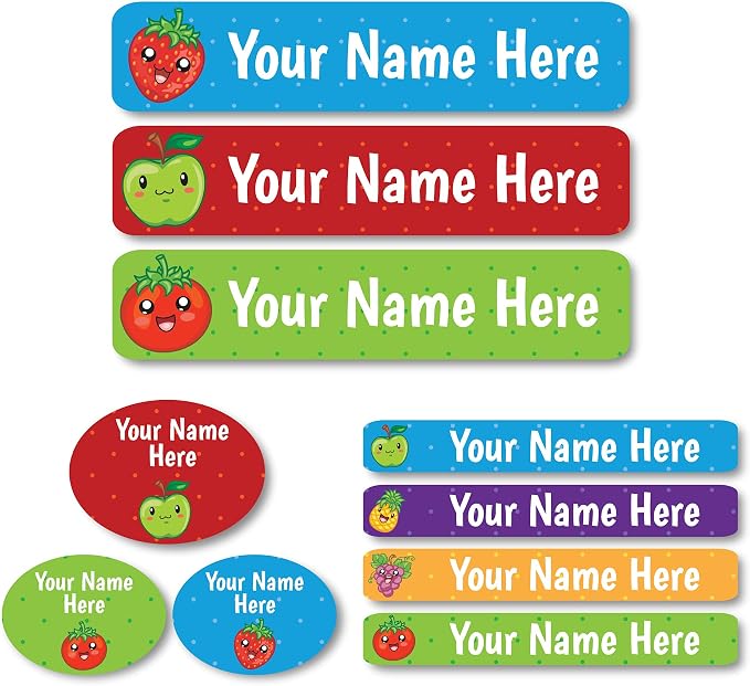 Lovable Labels Personalized Labels for Kids (85 Labels/Pack) - 3 Label Sizes Waterproof Dishwasher Safe Peel & Stick Labels for School Supplies Daycare Camp Clothing Bottles (Fruiton)