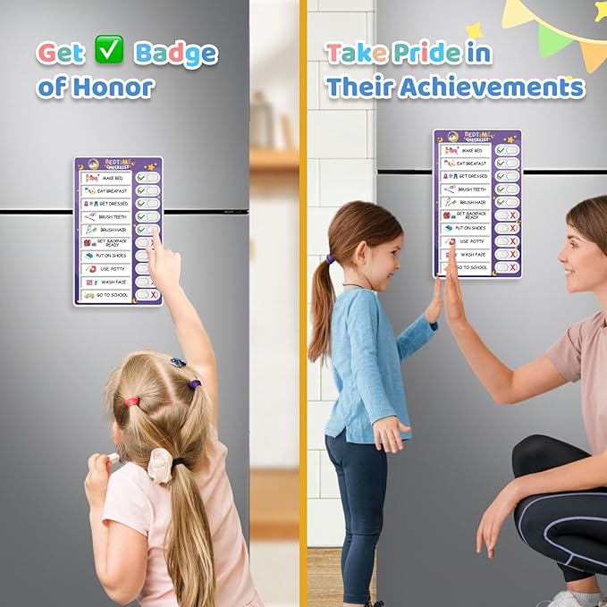 Upgraded 2 in 1 Bedtime/Morning Routine Chart - Magnetic Chore Chart, Cute Visual Schedule Board, Dry Erase Checklist for Kids & Toddlers
