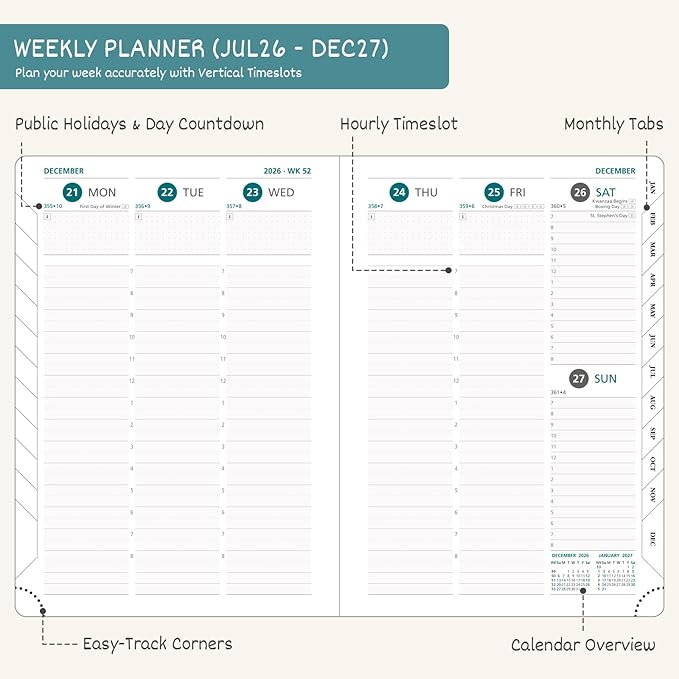 BEZEND Weekly Planner 2026-2027 (6" x 8.5") with Hourly Timeslots (Jul 26-Dec 27) 18 Months Academic Calendar & Monthly Tabs, Ideal for Students, Work & Home, PU Leather Hardcover -Dark Green