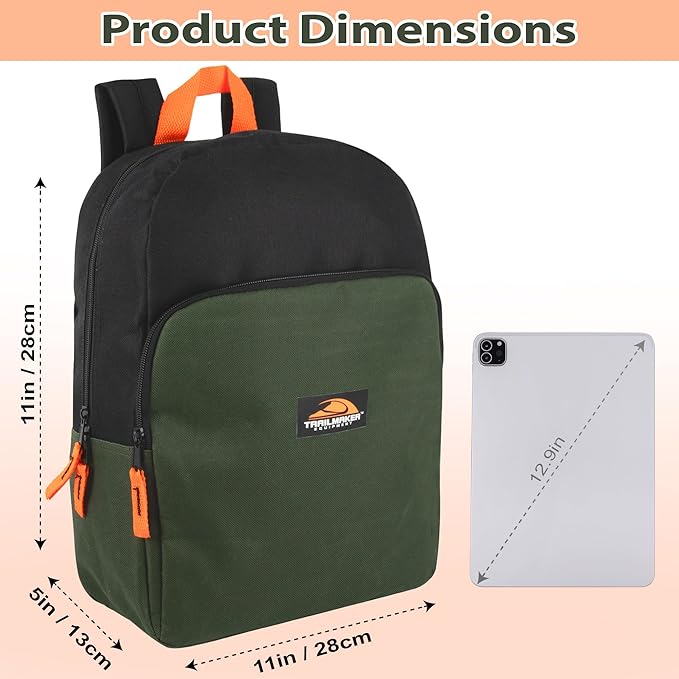 Trail maker 15 Inch Backpack for Kids, Preschool, Elementary & Middle School Students – Spacious Bookbag with Large Front Pocket, Adjustable Straps, Fits up to 13 Inch Laptop (Green)