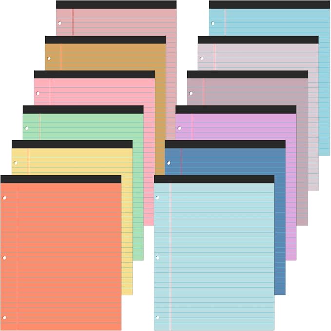 Fuutreo 12 Pcs 8.5'' x 11'' Colored Legal Pad Wide Ruled Loose Leaf Paper 3 Hole Punched Landscape Pads 50 Sheets Per Notepad Assorted Color Pastel Writing Pad Filler Paper for college(Vivid Color)