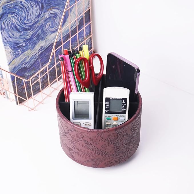 Round Leather Art Supply Organizer,Remote Control Holder,360 Degree Spinning,Multi-Functional Pencil Holder,4 Compartments Desktop Stationary Organizer(1-Carved Dark Brown)