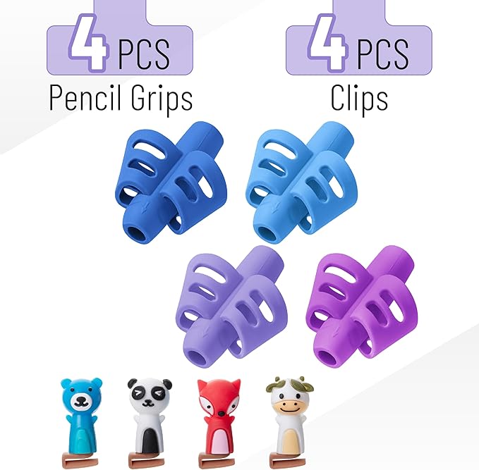 Mr. Pen- Pencil Grips for Kids Handwriting, 4 Pack with 4 Clips, Colorful, Flexible Silicon Pencil Holder for Kids, Right & Left-Handed