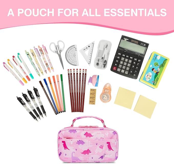 VASCHY Pencil Case for Girls, Aesthetic Kawaii Large Pencil Pouch Stationary Pencil Bag/Box for Preppy Kids, Pen Organizer Holder School Supply Pink Dinos