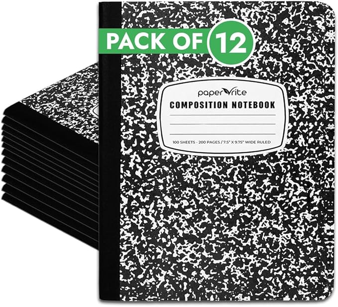 Wide Ruled Composition Notebook Black Marble | 100 Sheets | 9.75 x 7.5 Inches | Durable Sewn Binding for School & Office Use (12)