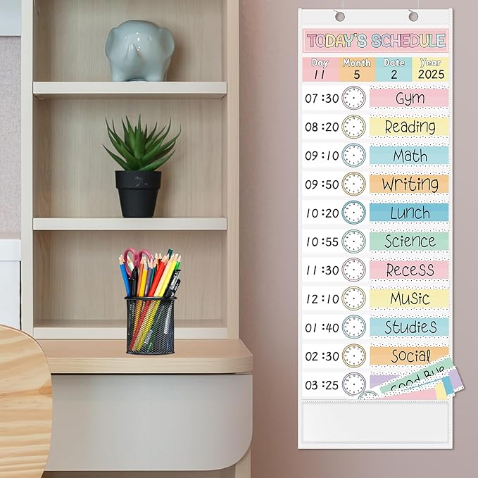 JarThenaAMCS Pastel Daily Schedule Pocket Chart 13 x 35.5 In Colorful 13 + 1 Pocket Visual Schedule Chart Board with 24 Card for Classroom Home Office Supplies