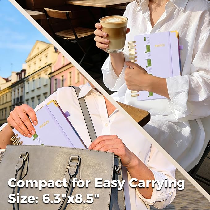 XYark A5 Hardcover Spiral Notebook, 6.3"x8.5" College Ruled Notebooks with Removable Divider Tab & Ruler, 5 Subject Notebook 300 Pages, Small Lined Journal for Women School Work Office, Light Purple
