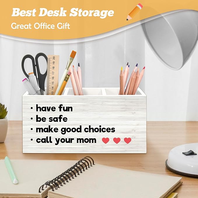 Funny Call Your Mom Pen Holder Organizer for Desk Accessories, Back to School Gifts, Gifts for College Freshman Students Wooden Box Sign Desk Decorations for Classroom College Dorm Decor