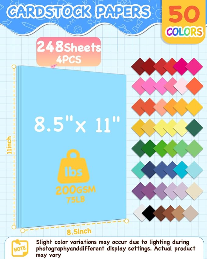 252PCS Colored Cardstock 8.5" x 11", 50 Assorted Colors Construction Paper Bulk for Crafts, Thick Card Stock Printer Paper for Scrapbooking, Card Making, Kids School Supplies and Party(200GSM)