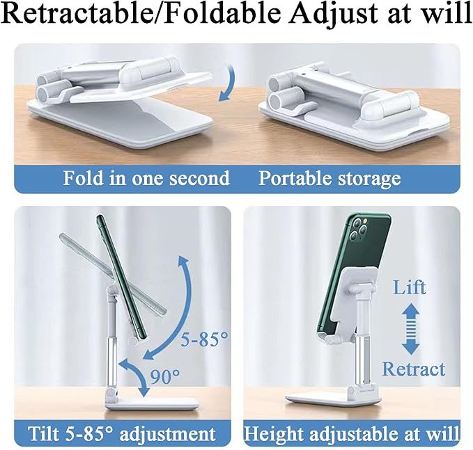 HOTEMIA Cell Phone Stand,Adjustable Foldable Phone Stand for Desk Taller iPhone Stand Compatible with All Smart Phone Desk Accessories(White)