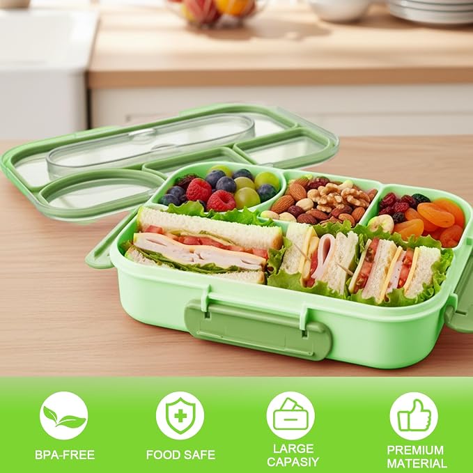 Bento Box for Adults, 4 Compartments Lunch Box, Lunch Containers, Green