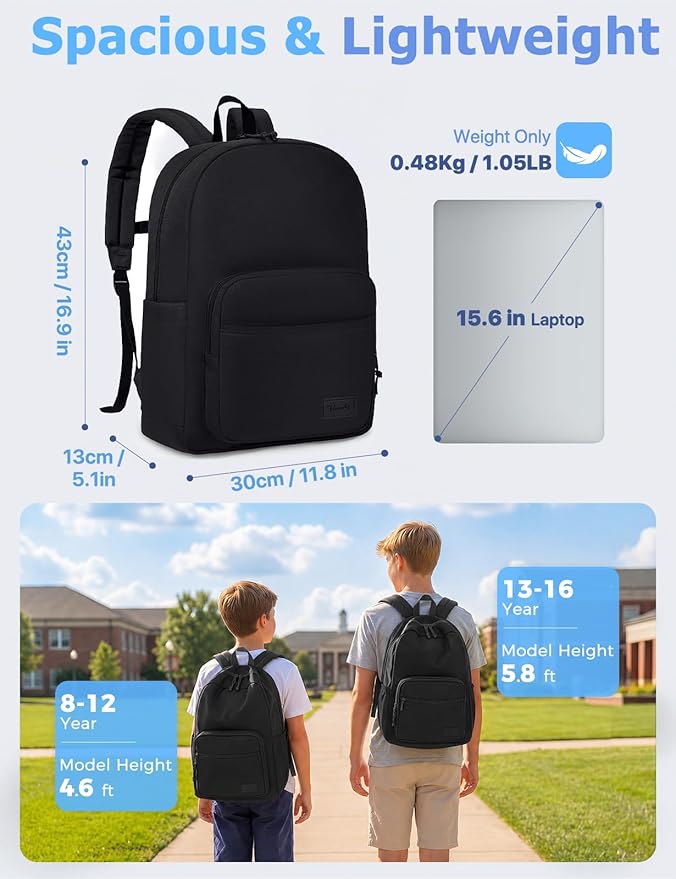 VASCHY School Backpacks, Lightweight Bookbag Schoolbag for Boys Girls Casual Basic Simple Daypack for Men Women Black