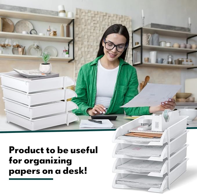 Fainne 8 Pcs Stackable Paper Trays Organizer for Desk 8 Layer Stackable Letter Trays Plastic File Organizer Tray and Stacking Supports for File Storage, 13 x 10 x 2.76'' (White)