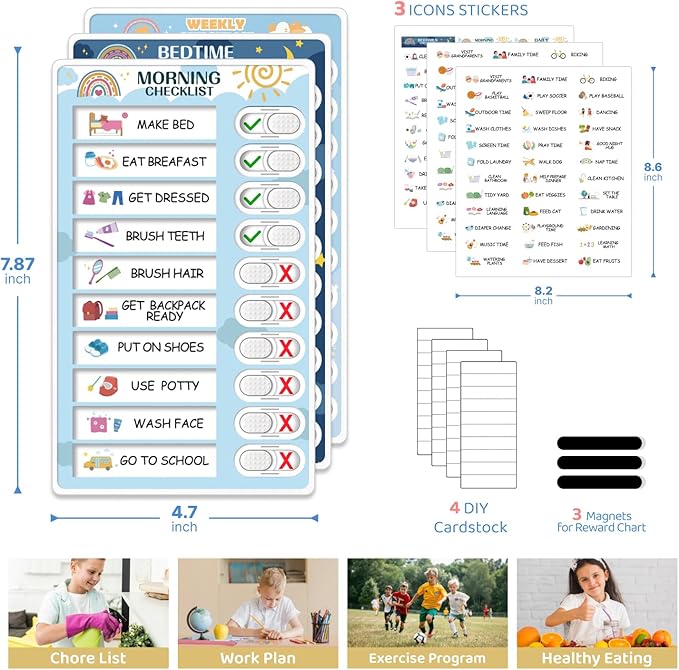 3 in 1 Bedtime/Morning/Weekly Routine Chart for Kids, Magnetic Chore Chart for Kid, Visual Schedule for Kid Toddlers Schedule Board for Home